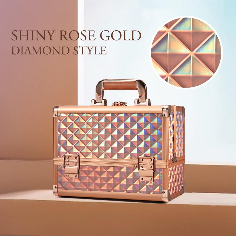 Joligrace Makeup Train Case Cosmetic Box 11.6 Inch Jewelry Organizer Professional 3 Tiers Trays with Mirror and Brush Holder Lockable Key Portable Travel - Rose Gold - Image 3